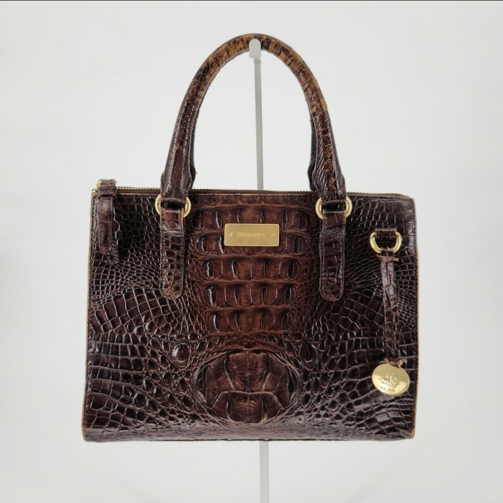 Brahmin Anywhere Melbourne Brown Croc Embossed Leather Small Zip Satchel Bag